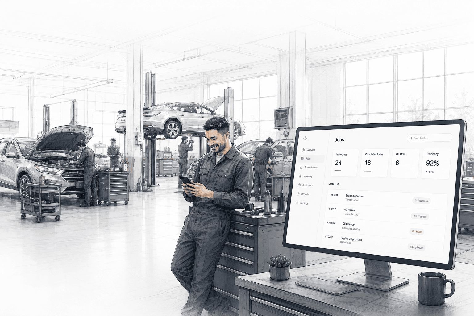 Service technician using Sona on the shop floor with a live jobs dashboard
