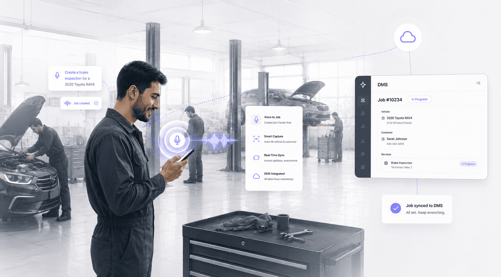 Technician speaking into their phone in a service bay, with structured inspection details and DMS job panel updating in real time